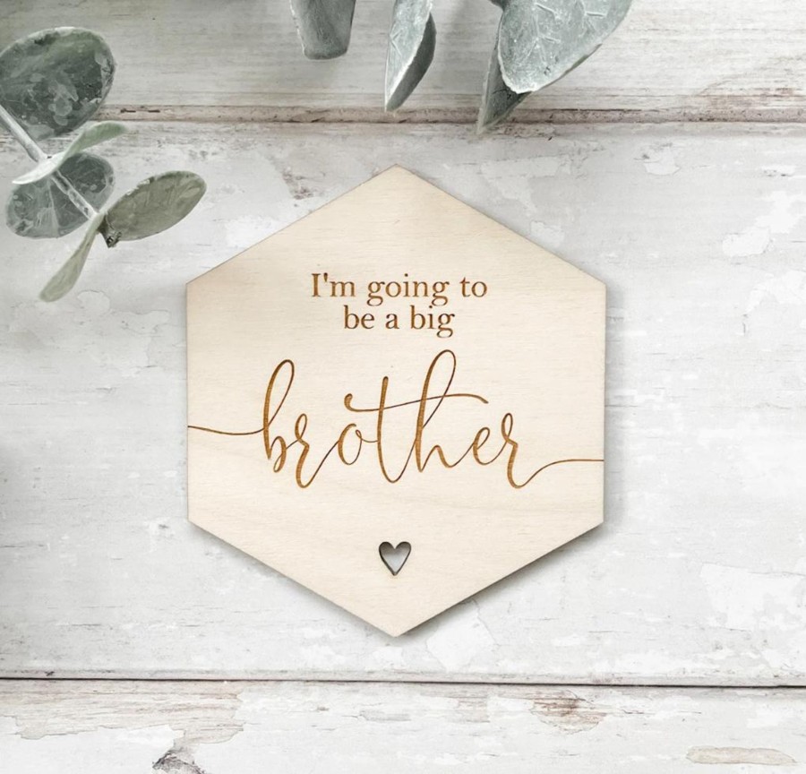 Laser Designs Fox & Bramble | I'M Going To Be A Big Brother Wooden Hexagon Disc | Wooden Baby Announ