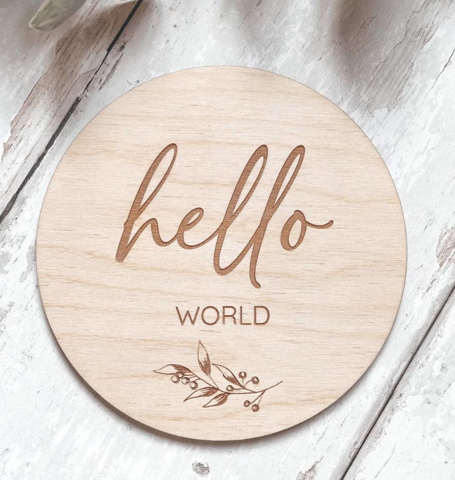 Laser Designs Fox & Bramble | Hello World Wooden Disc | Wooden Baby Announcement | Baby Arrival Sign