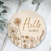 Laser Designs Fox & Bramble | Hello World Wooden Disc | Wooden Baby Announcement | Baby Arrival Sign