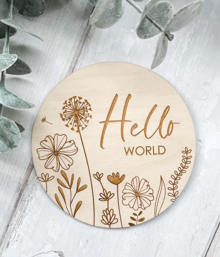 Laser Designs Fox & Bramble | Hello World Wooden Disc | Wooden Baby Announcement | Baby Arrival Sign