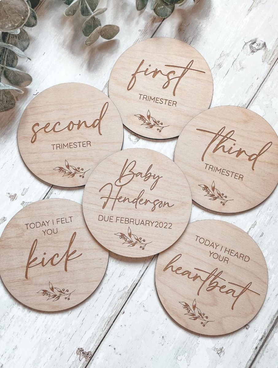 Laser Designs Fox & Bramble | Pregnancy Milestone Discs | Wooden Trimester Milestone Markers | Laser