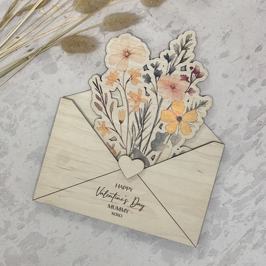 Laser Designs Fox & Bramble | Wooden Envelope With Printed Flowers - Small Bouquet