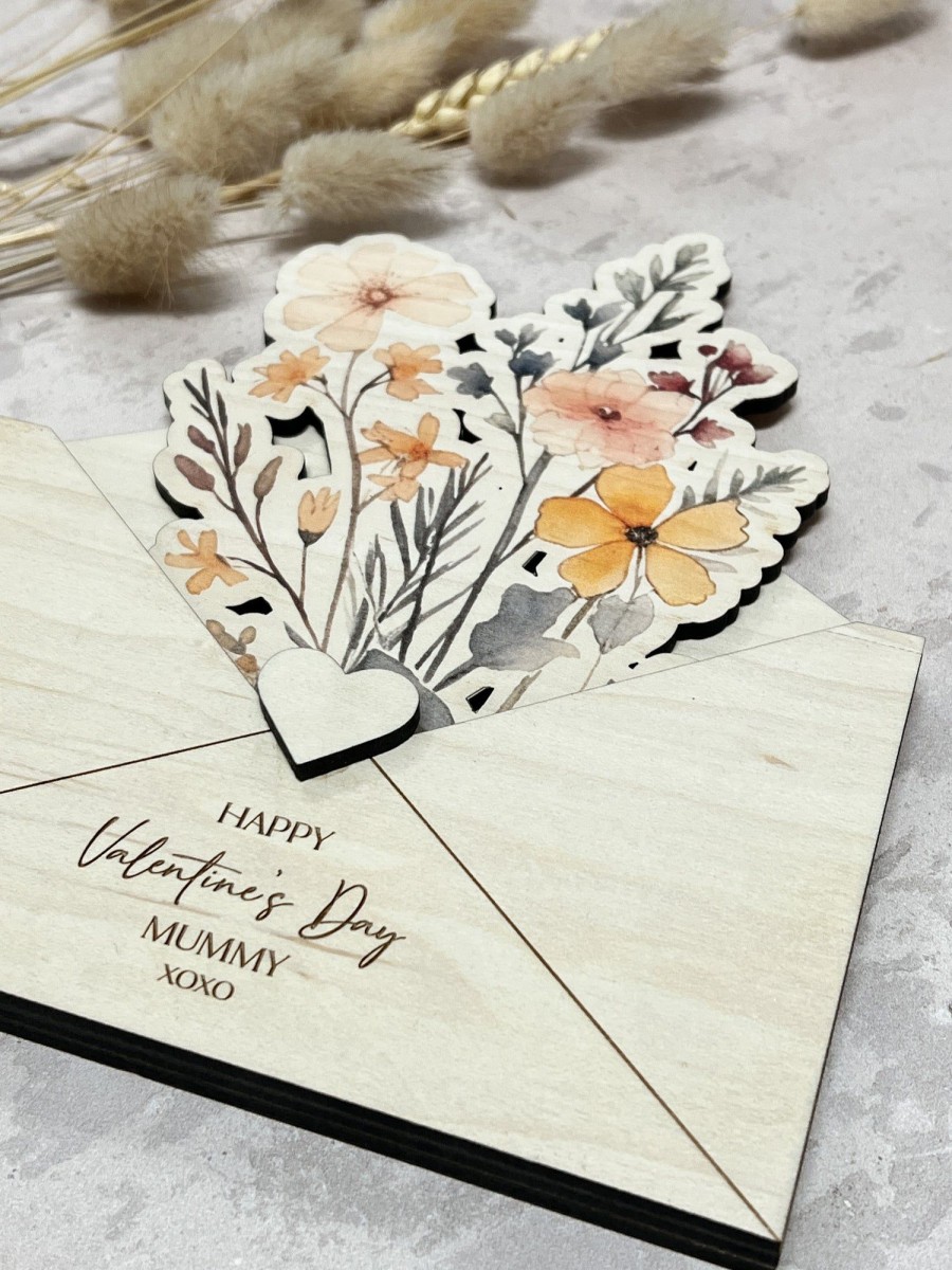 Laser Designs Fox & Bramble | Wooden Envelope With Printed Flowers - Small Bouquet