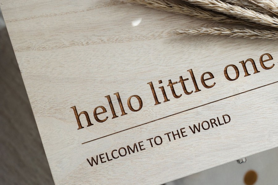 Laser Designs Fox & Bramble | Hello World Wooden Baby Box - Small