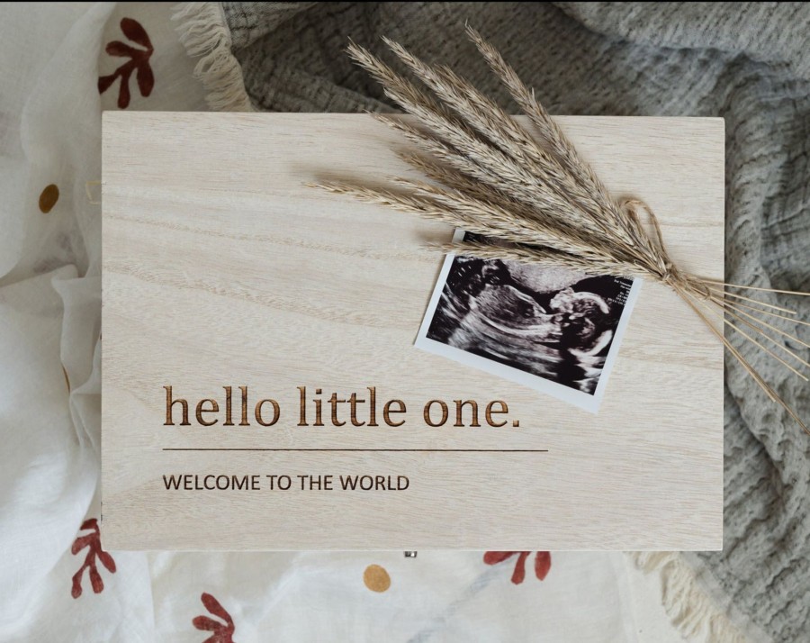 Laser Designs Fox & Bramble | Hello World Wooden Baby Box - Small