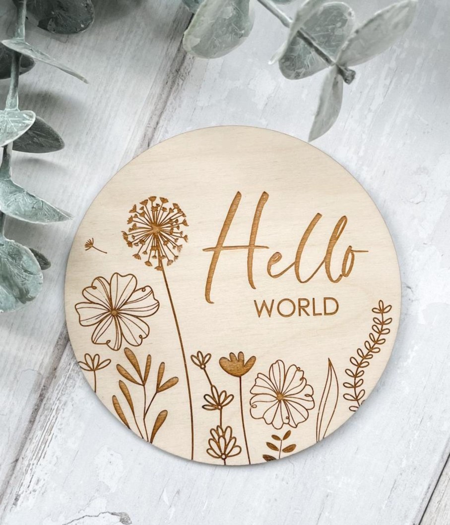 Laser Designs Fox & Bramble | Hello World Wooden Disc | Wooden Baby Announcement | Baby Arrival Sign