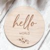 Laser Designs Fox & Bramble | Hello World Wooden Disc | Wooden Baby Announcement | Baby Arrival Sign