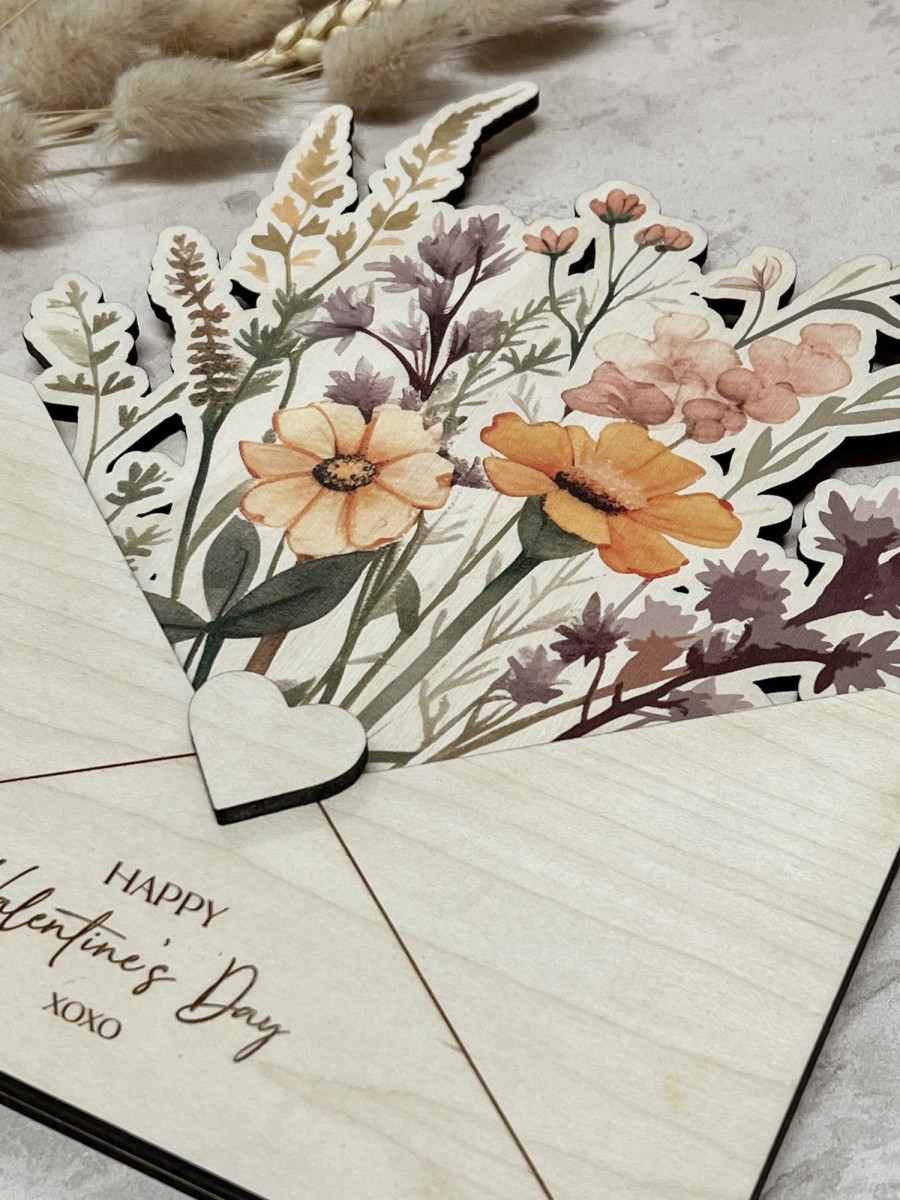 Laser Designs Fox & Bramble | Wooden Envelope With Printed Flowers - Large Bouquet