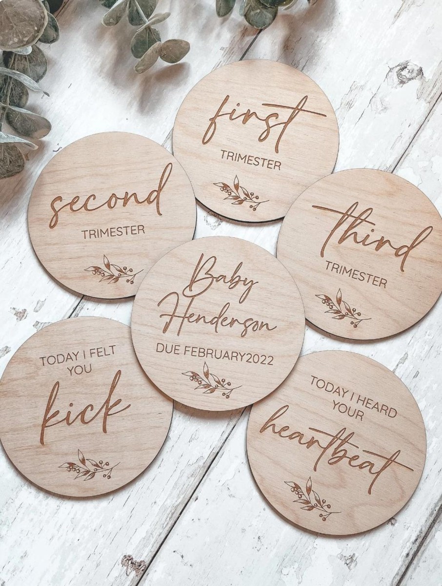 Laser Designs Fox & Bramble | Pregnancy Milestone Discs | Wooden Trimester Milestone Markers | Laser