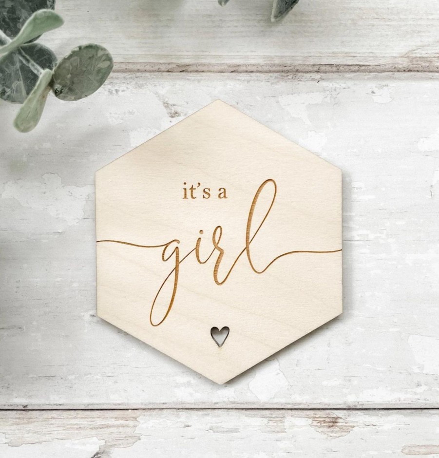 Laser Designs Fox & Bramble | It'S A Girl Hexagon Wooden Disc | Wooden Baby Announcement | Baby Arri