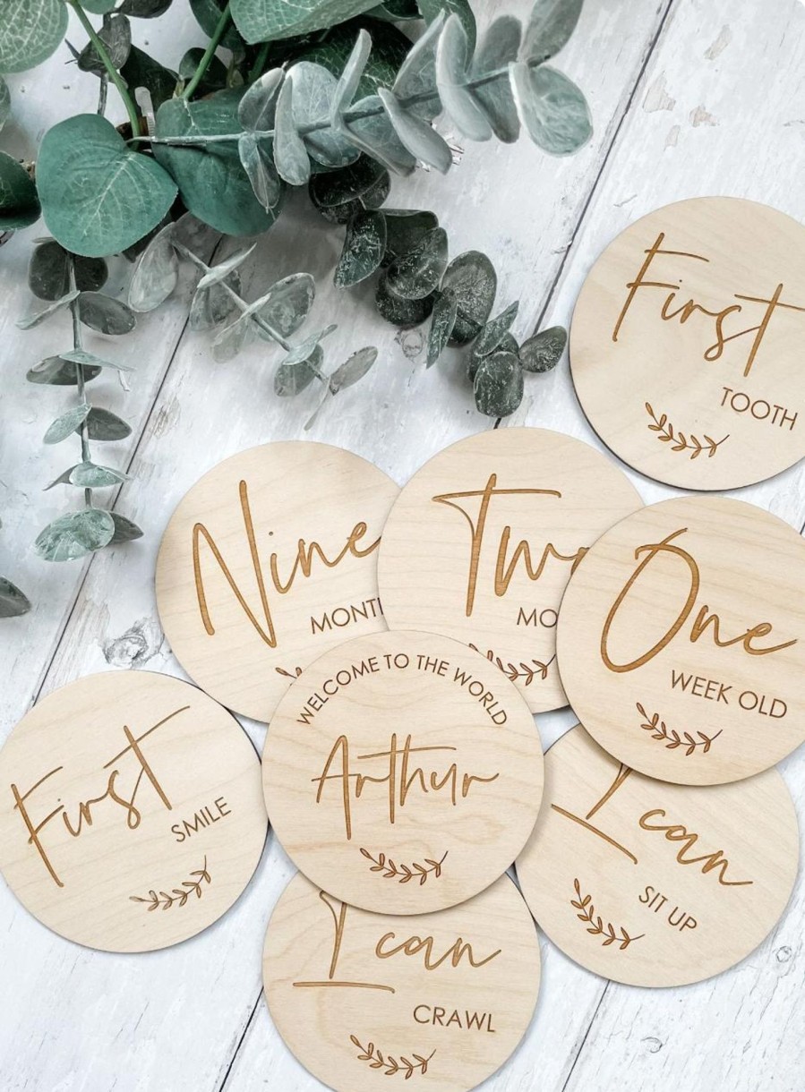 Laser Designs Fox & Bramble | Full Set Of Baby Milestone Discs Inc Firsts | Wooden Baby Milestone Ma