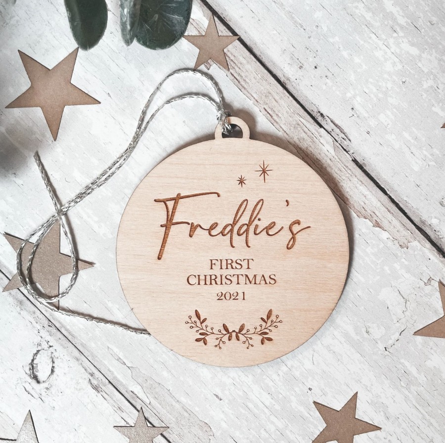 Laser Designs Fox & Bramble | Personalised First Christmas 2023 Wooden Bauble