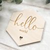 Laser Designs Fox & Bramble | Hello World Hexagon Wooden Disc | Wooden Baby Announcement | Baby Arri