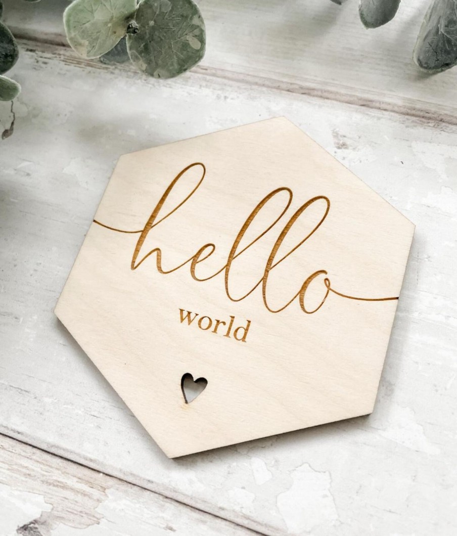 Laser Designs Fox & Bramble | Hello World Hexagon Wooden Disc | Wooden Baby Announcement | Baby Arri