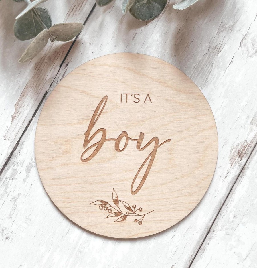 Laser Designs Fox & Bramble | It'S A Boy Wooden Disc | Wooden Baby Announcement | Baby Arrival Sign