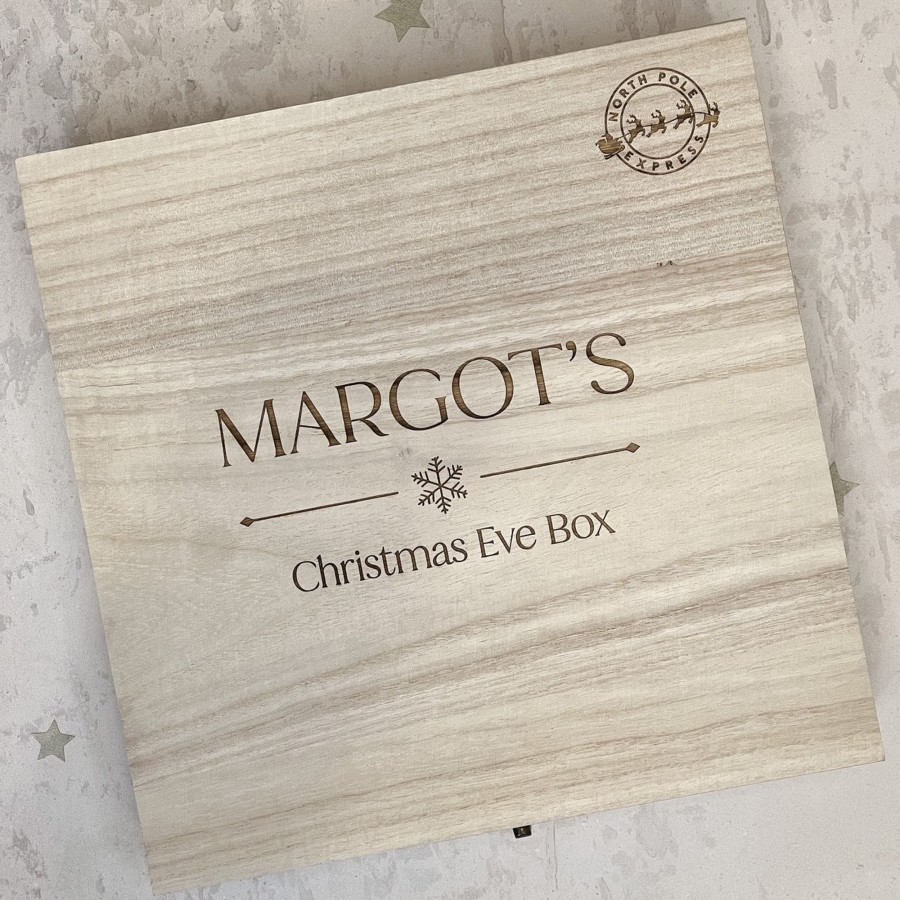 Laser Designs Fox & Bramble | Square Personalised Wooden Christmas Eve Box