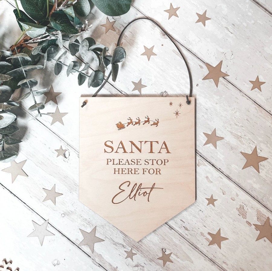 Laser Designs Fox & Bramble | Santa Please Stop Here Personalised Christmas Hanging | Santa Sign | L