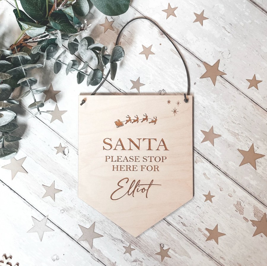 Laser Designs Fox & Bramble | Santa Please Stop Here Personalised Christmas Hanging | Santa Sign | L