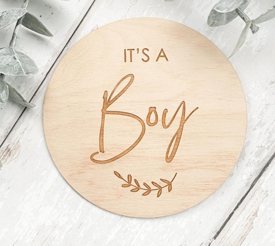 Laser Designs Fox & Bramble | It'S A Boy Wooden Disc | Wooden Baby Announcement | Baby Arrival Sign