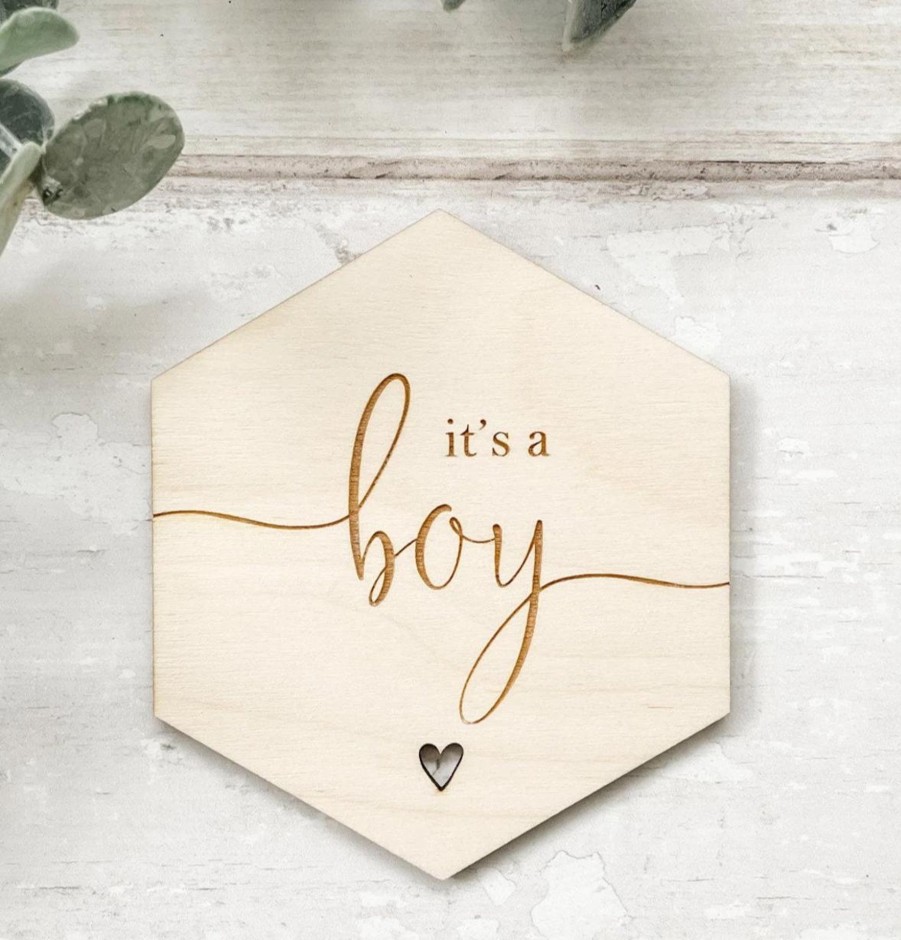 Laser Designs Fox & Bramble | It'S A Boy Hexagon Wooden Disc | Wooden Baby Announcement | Baby Arriv